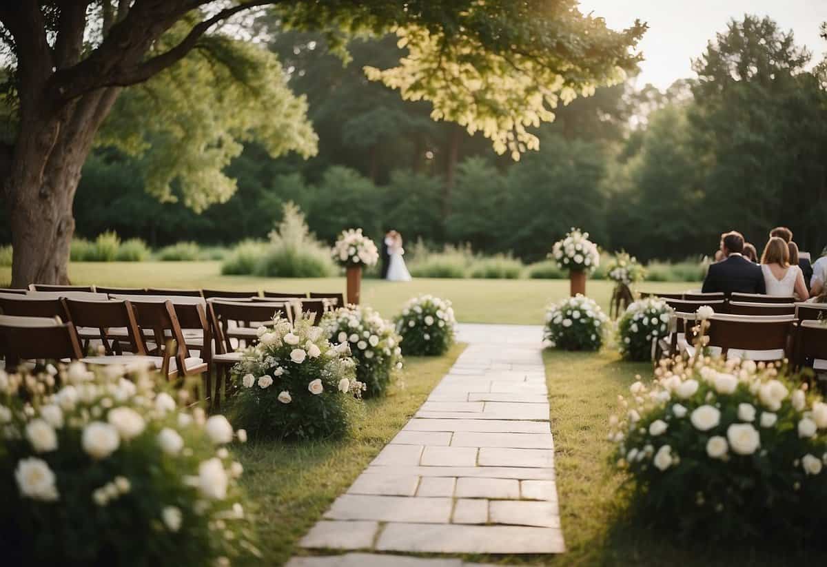 A serene outdoor wedding setting with a welcoming entrance, organized seating, and a guestbook station. Calm and happy guests mingle freely