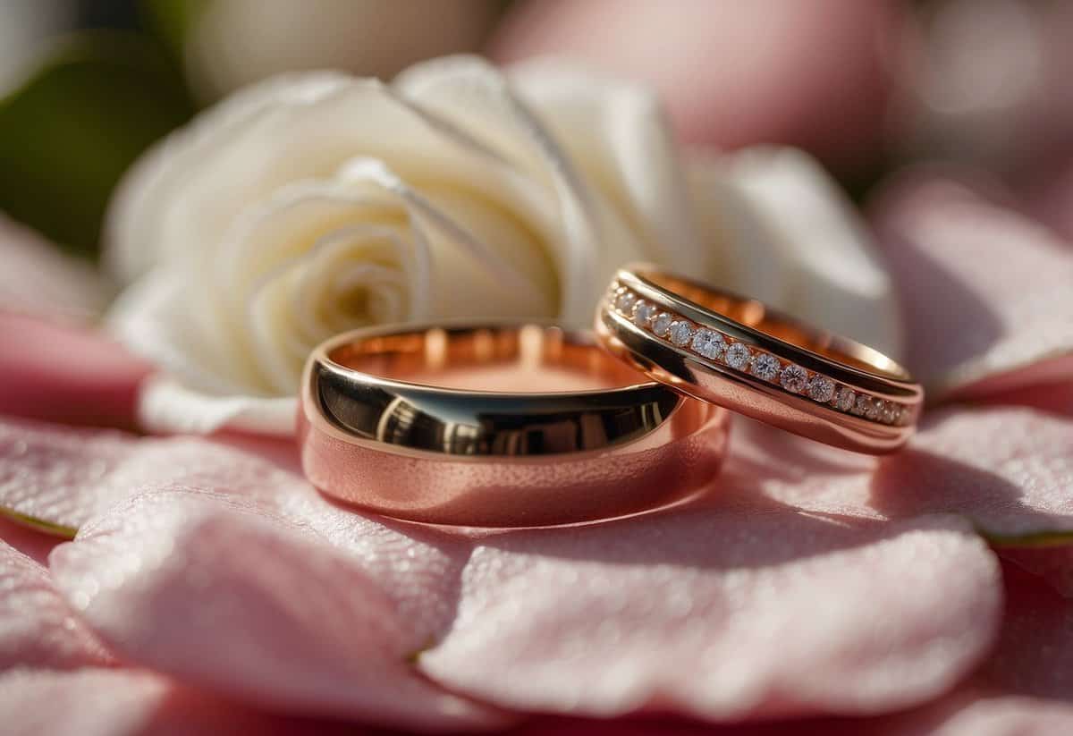 A close-up of two wedding bands resting on a bed of rose petals, with soft natural lighting highlighting the intricate details and shimmering surfaces