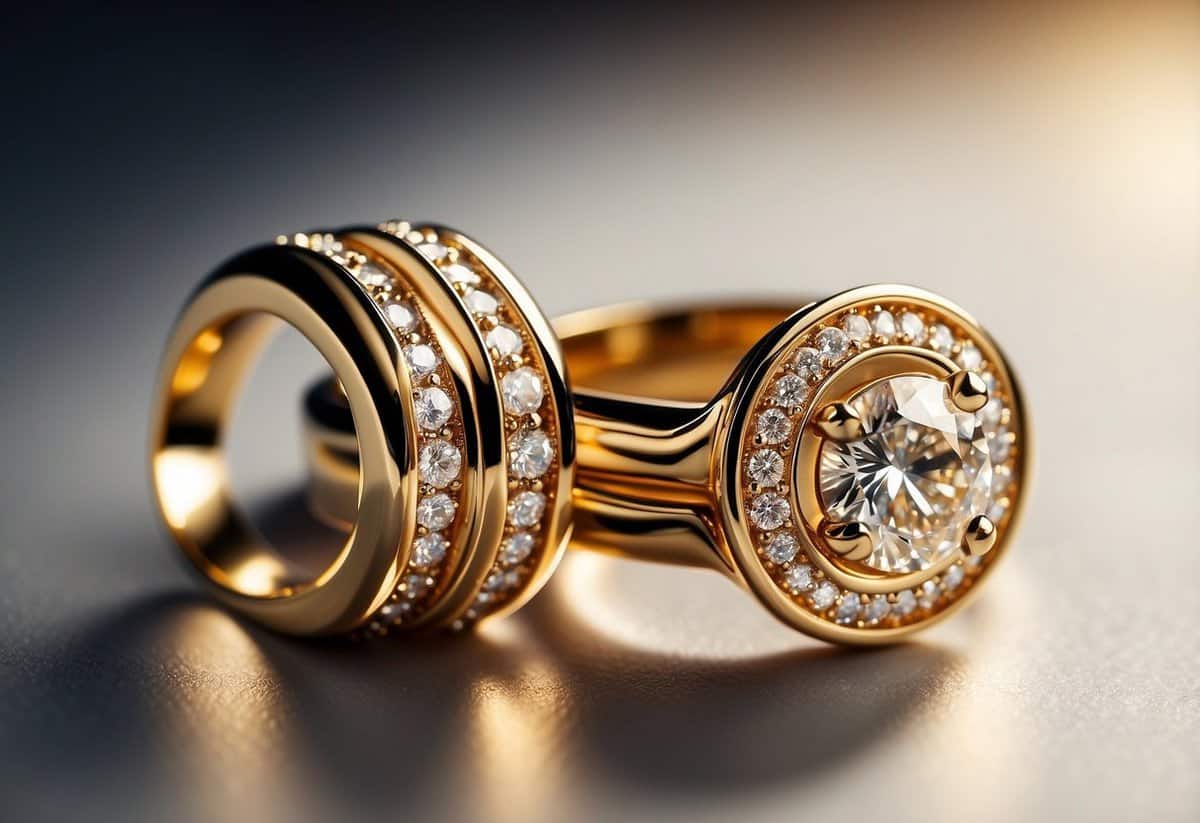 Two rings side by side, one with a sparkling diamond, the other a simple band. Both in a soft, warm light