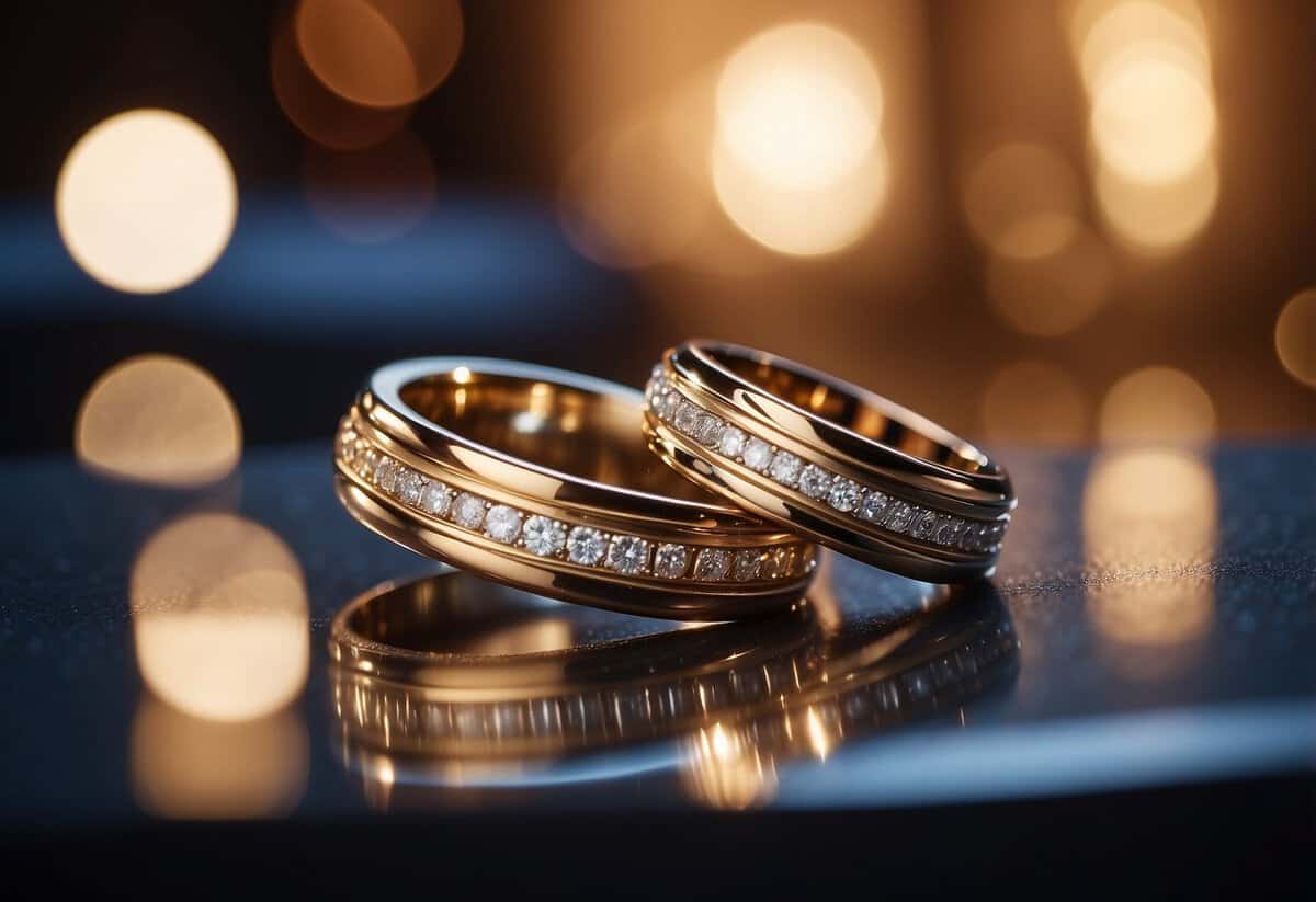 A table with various metal wedding bands displayed, surrounded by soft lighting and a simple background