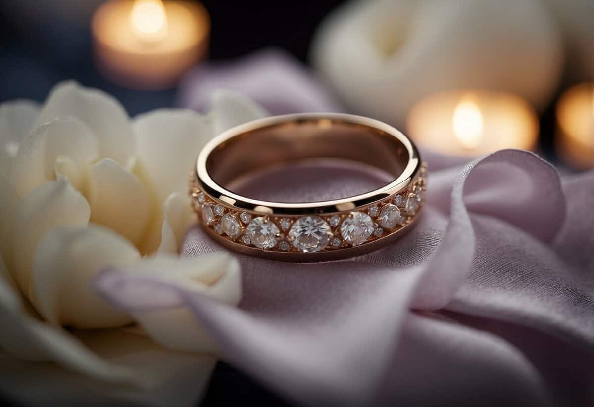 A wedding band placed on a velvet cushion, surrounded by soft candlelight and delicate flower petals
