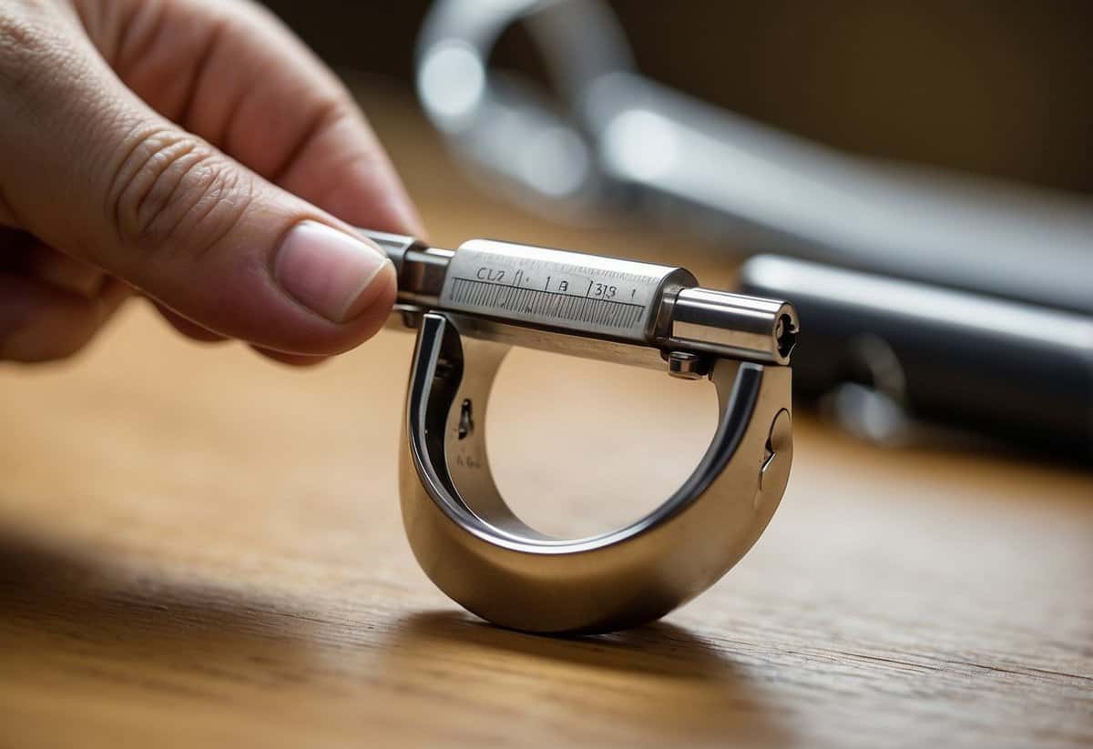A ring sizer tool measures a wedding band, with tips visible