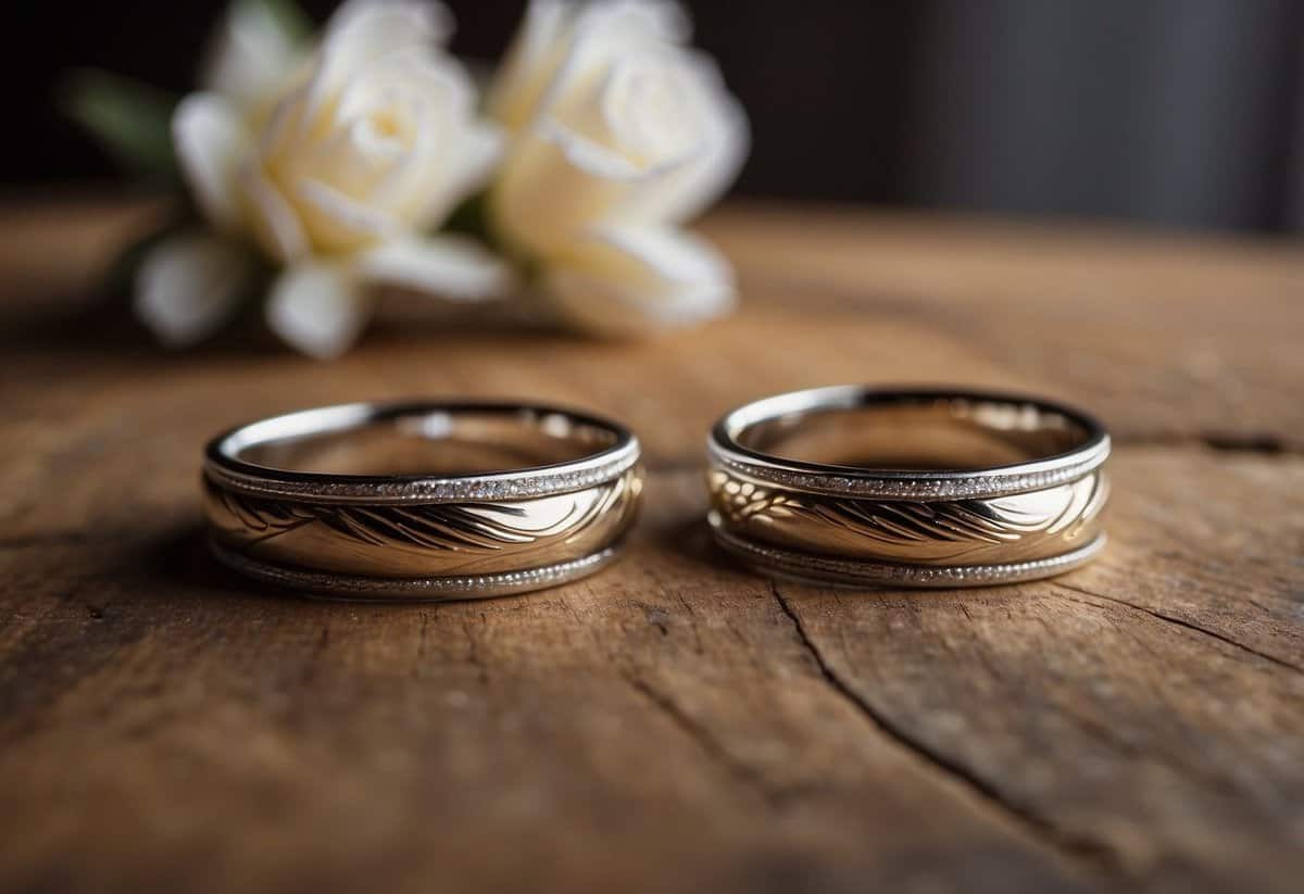 A bride and groom exchanging matching wedding bands on a rustic wooden table with soft, romantic lighting