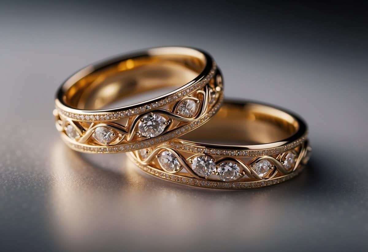 A close-up of two wedding bands intertwined with intricate custom designs, showcasing the craftsmanship and attention to detail