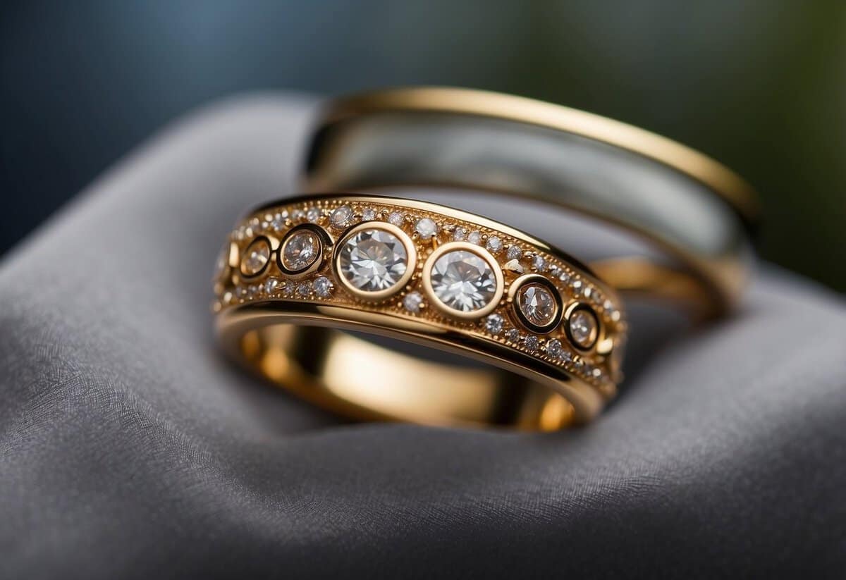 A close-up of a wedding band with intricate details and sparkling gemstones