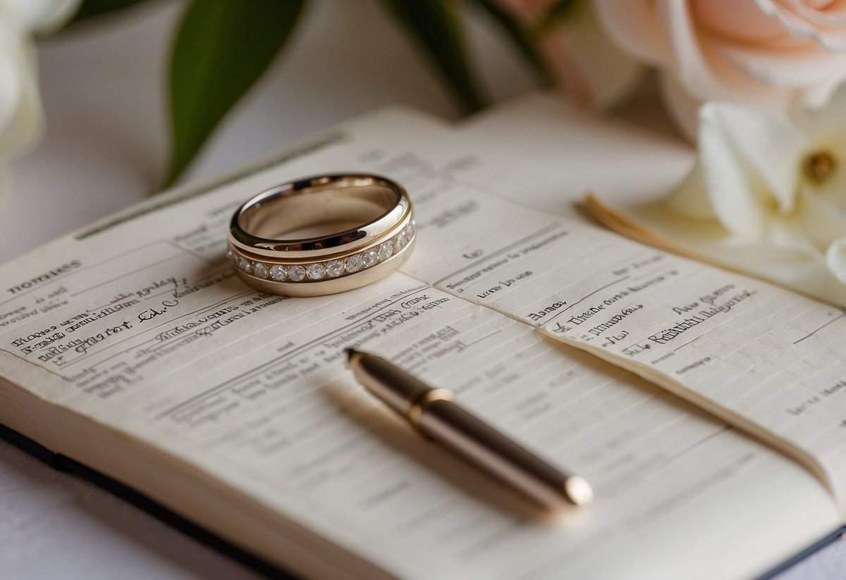 A table with various wedding band options displayed, accompanied by a notebook with tips and advice for early wedding planning