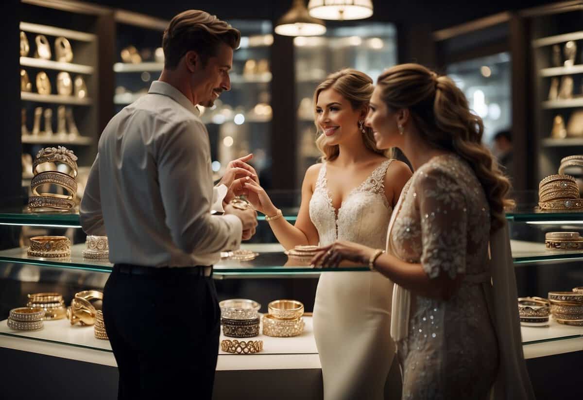 A bride and groom discussing wedding band options with a jeweler, surrounded by various styles and designs on display
