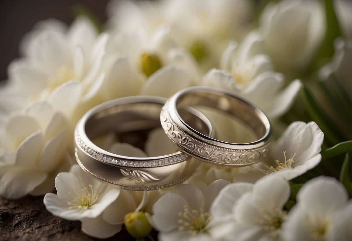 A close-up of two personalized wedding bands resting on a bed of delicate flowers, with soft natural lighting highlighting the intricate engravings