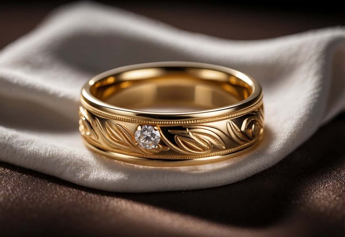 A wedding band being gently cleaned with a soft cloth and polished with a jewelry cleaner, then carefully stored in a velvet-lined box