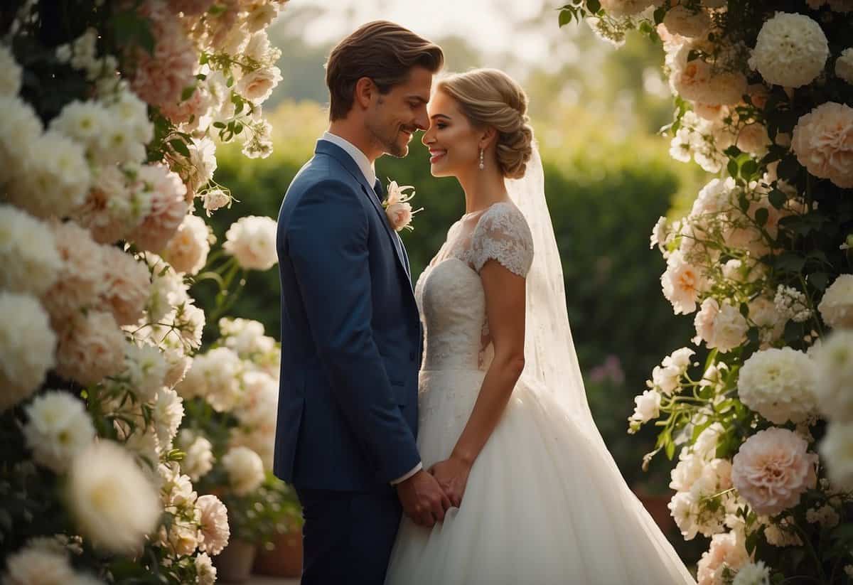 A bride and groom stand facing each other, surrounded by blooming flowers and soft, natural lighting. The photographer captures their genuine emotions and love for each other