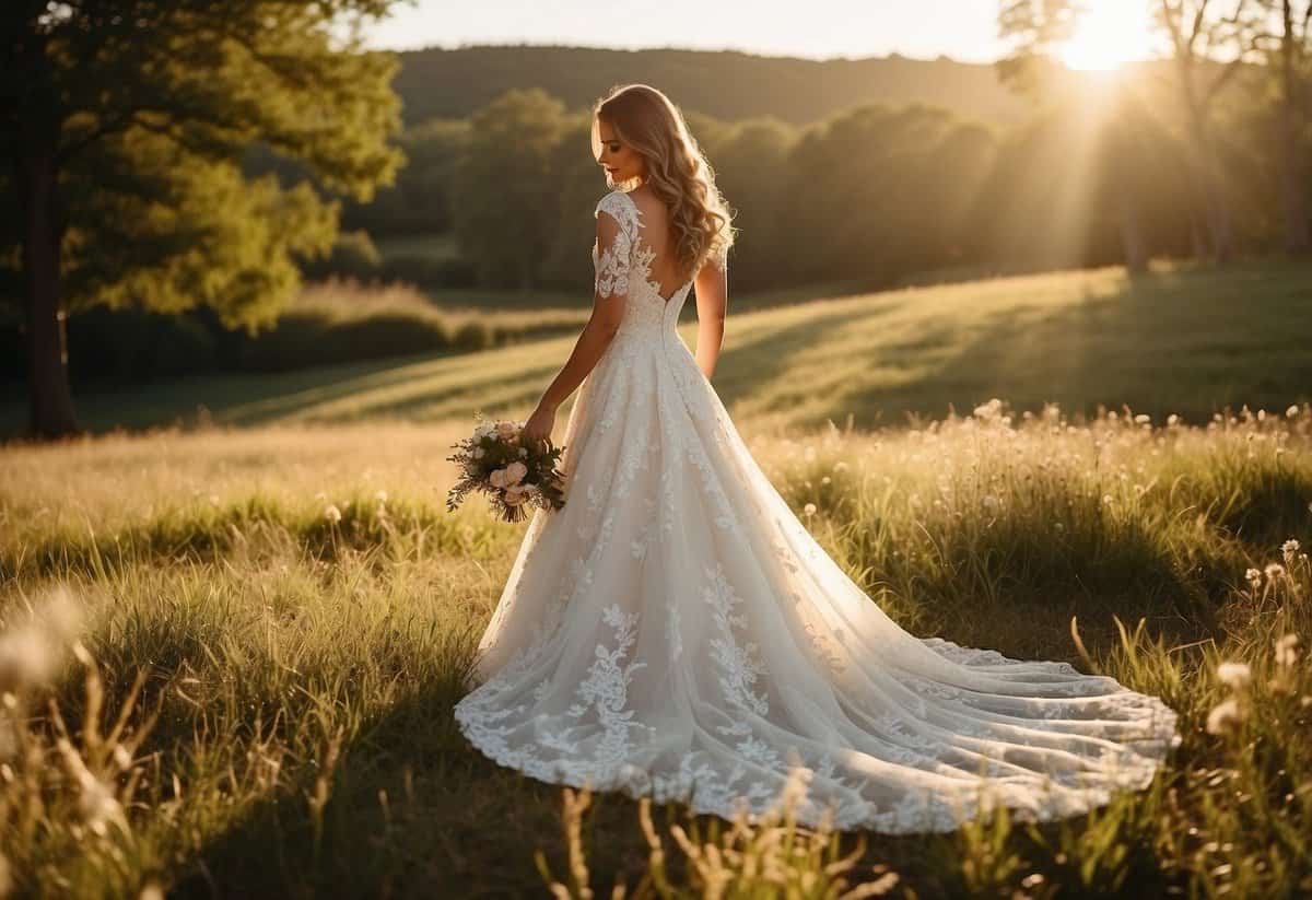 A bride's white dress bathed in golden sunlight, casting soft shadows on the grassy ground. The natural light illuminates her delicate lace details, creating a romantic and timeless wedding photo