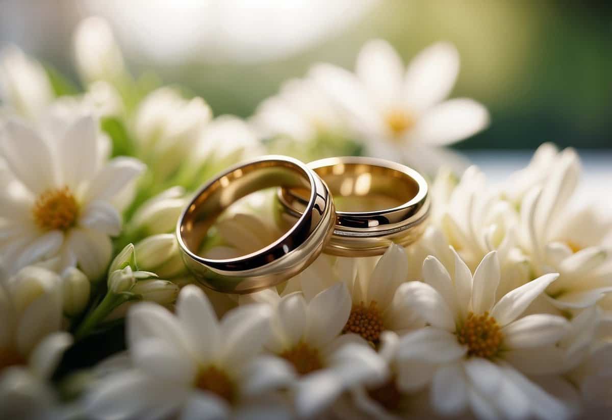 A close-up of two wedding rings intertwined on a bed of flowers, with soft natural light filtering through a window in the background