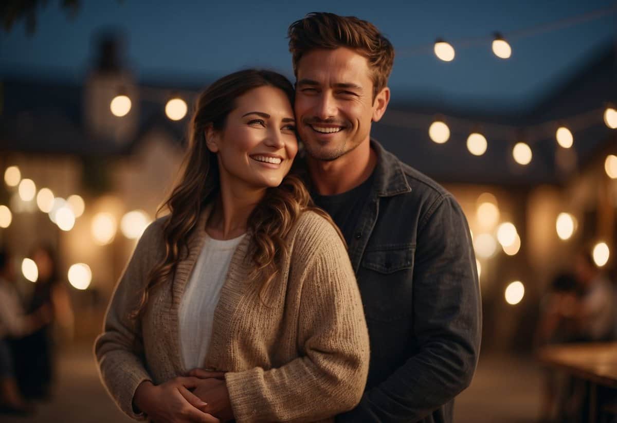 A couple embraces, smiling and teary-eyed, surrounded by family and friends. The setting is warm and romantic, with soft lighting and natural elements
