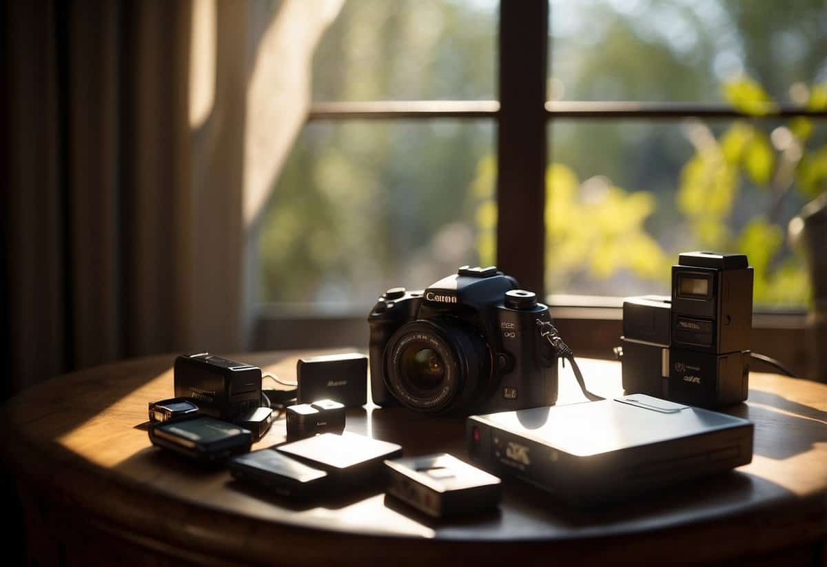 A table with a camera, batteries, and memory cards. Sunshine streams through a window onto the items, casting shadows
