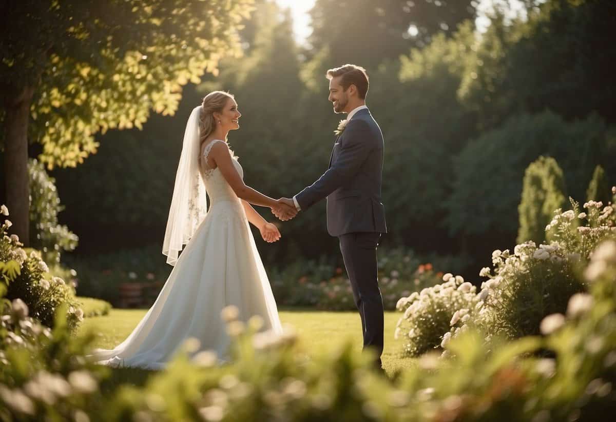 A bride and groom stand together in a sunlit garden, smiling as they hold hands. A camera and lens sit on a nearby table, ready for use
