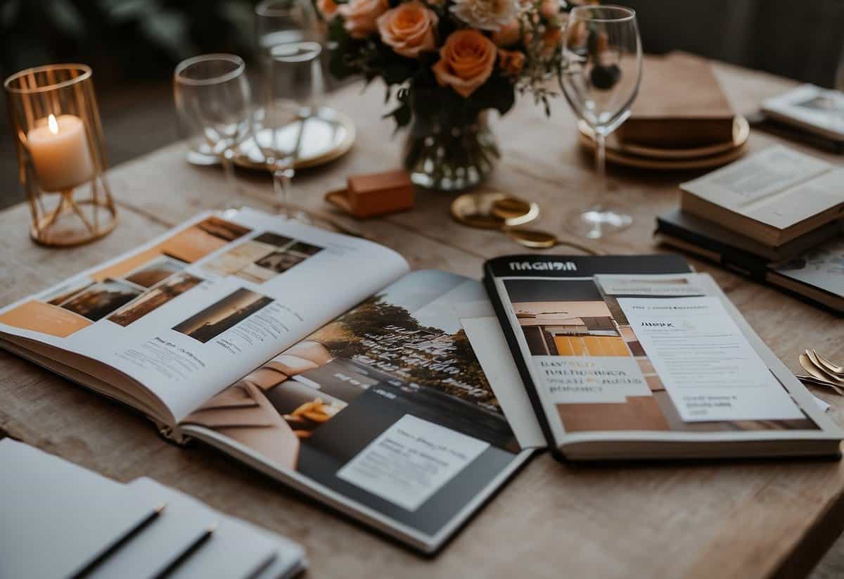 A table covered in wedding planning books, magazines, and a notebook with a pen. A laptop open to a wedding planning website. A mood board with fabric swatches and color samples