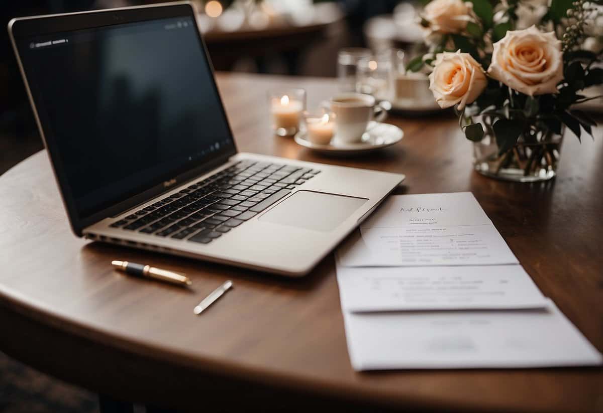A table with a neatly organized guest list, wedding invitations, and a pen for writing. A laptop or planner displaying dates and RSVPs for easy tracking