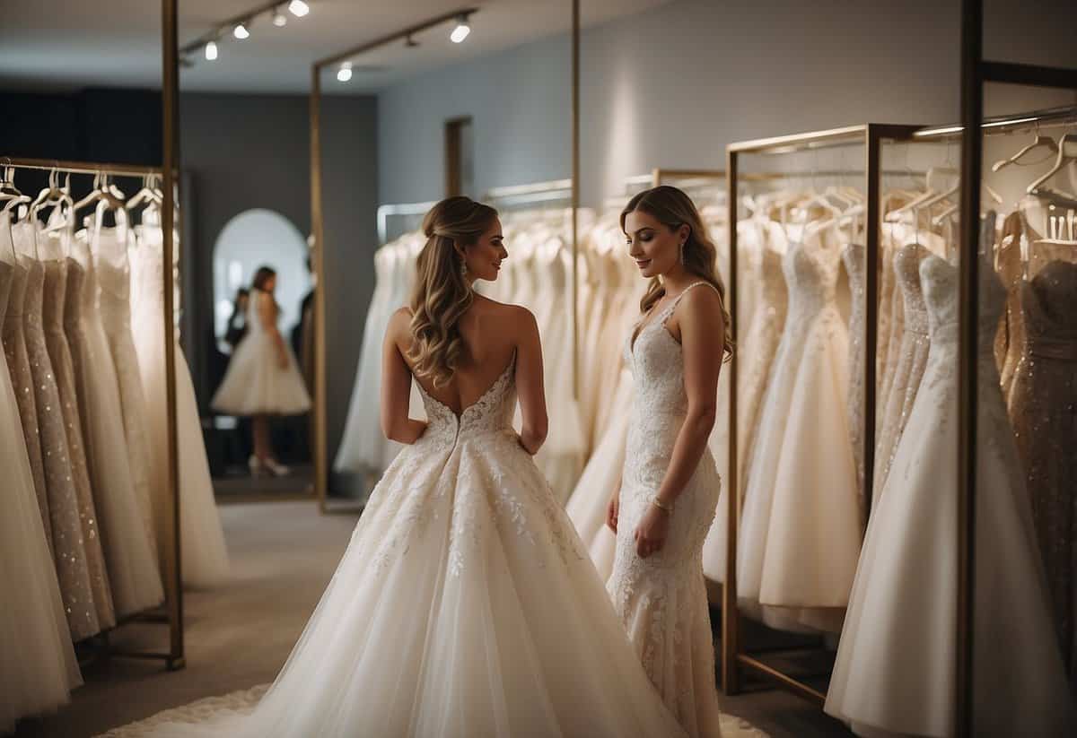A bride-to-be browsing through racks of wedding dresses, surrounded by mannequins and mirrors in a bridal boutique