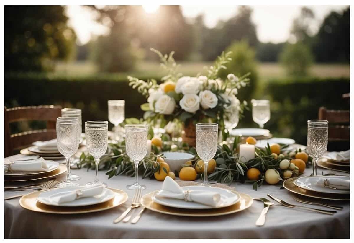 A table set with elegant place settings, a variety of delectable dishes, and a beautifully decorated wedding cake, all arranged in a picturesque outdoor setting