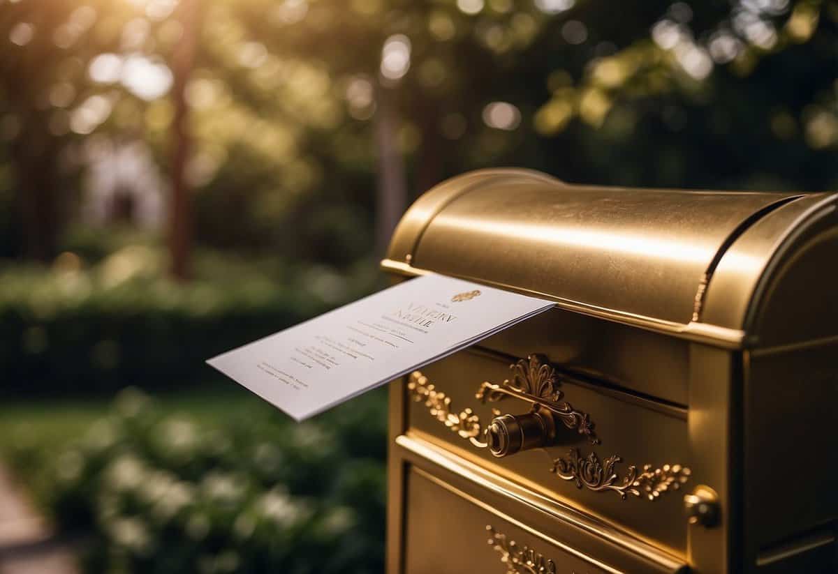 A stack of elegant wedding invitations being placed into a golden mailbox with a lush garden in the background