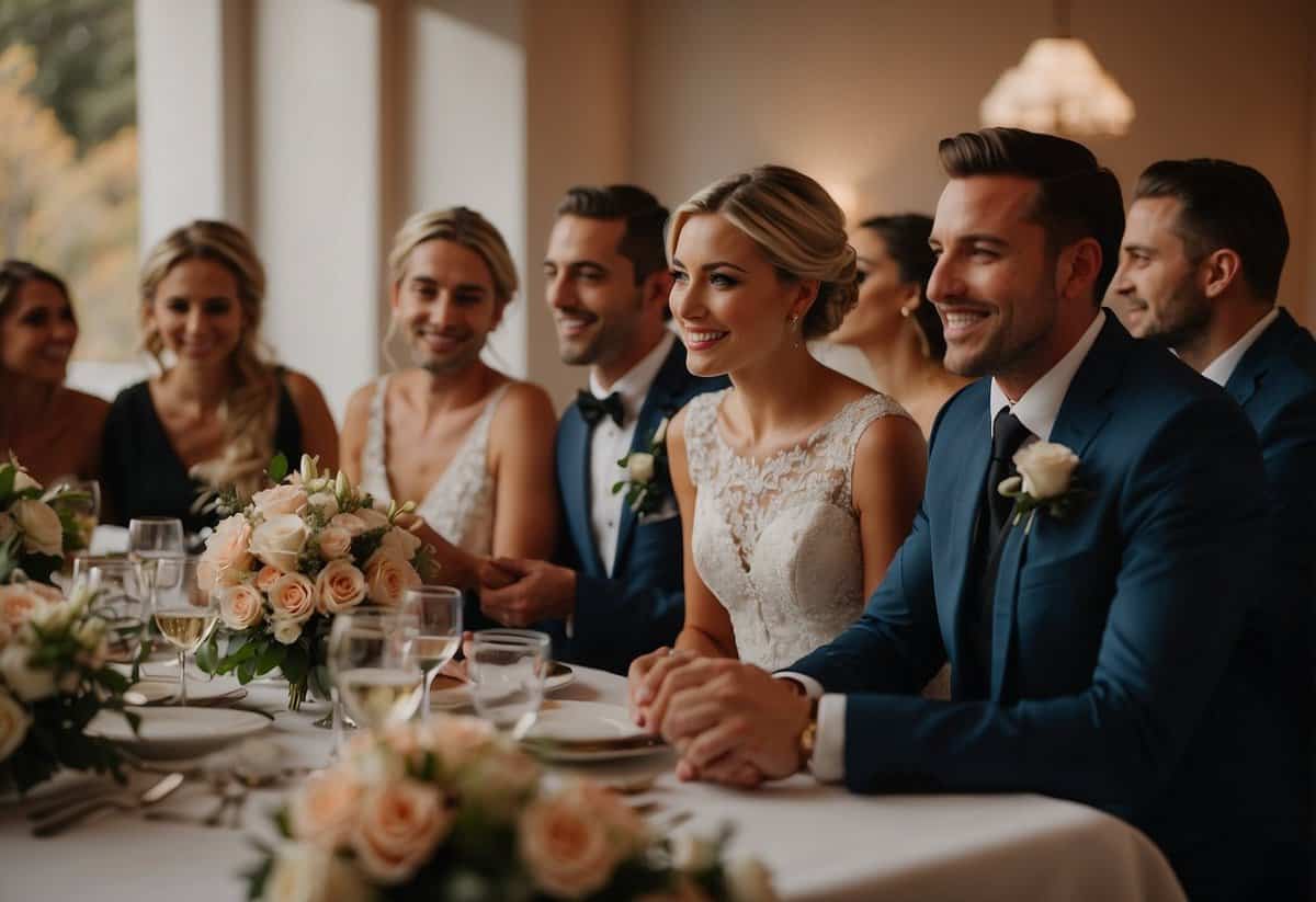 The bride and groom sit at a table, surrounded by their chosen wedding party. They discuss plans and share tips for the upcoming celebration