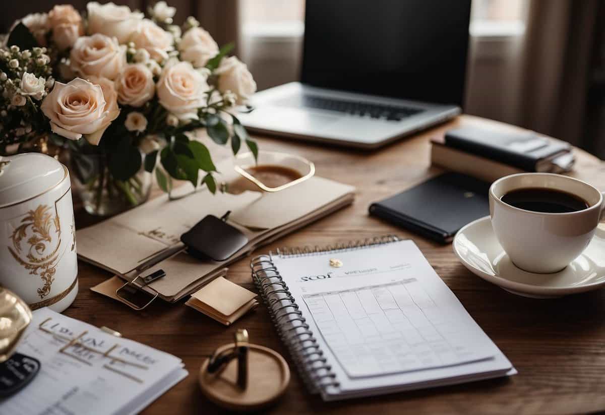 A table with a calendar, checklist, and wedding magazines. A laptop open to a wedding planning website. Decorative flowers and a cup of coffee nearby