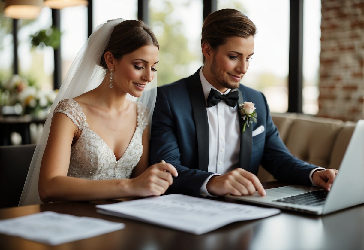 A bride and groom sit at a table with a budget spreadsheet, wedding magazines, and a laptop. They discuss and plan their wedding expenses