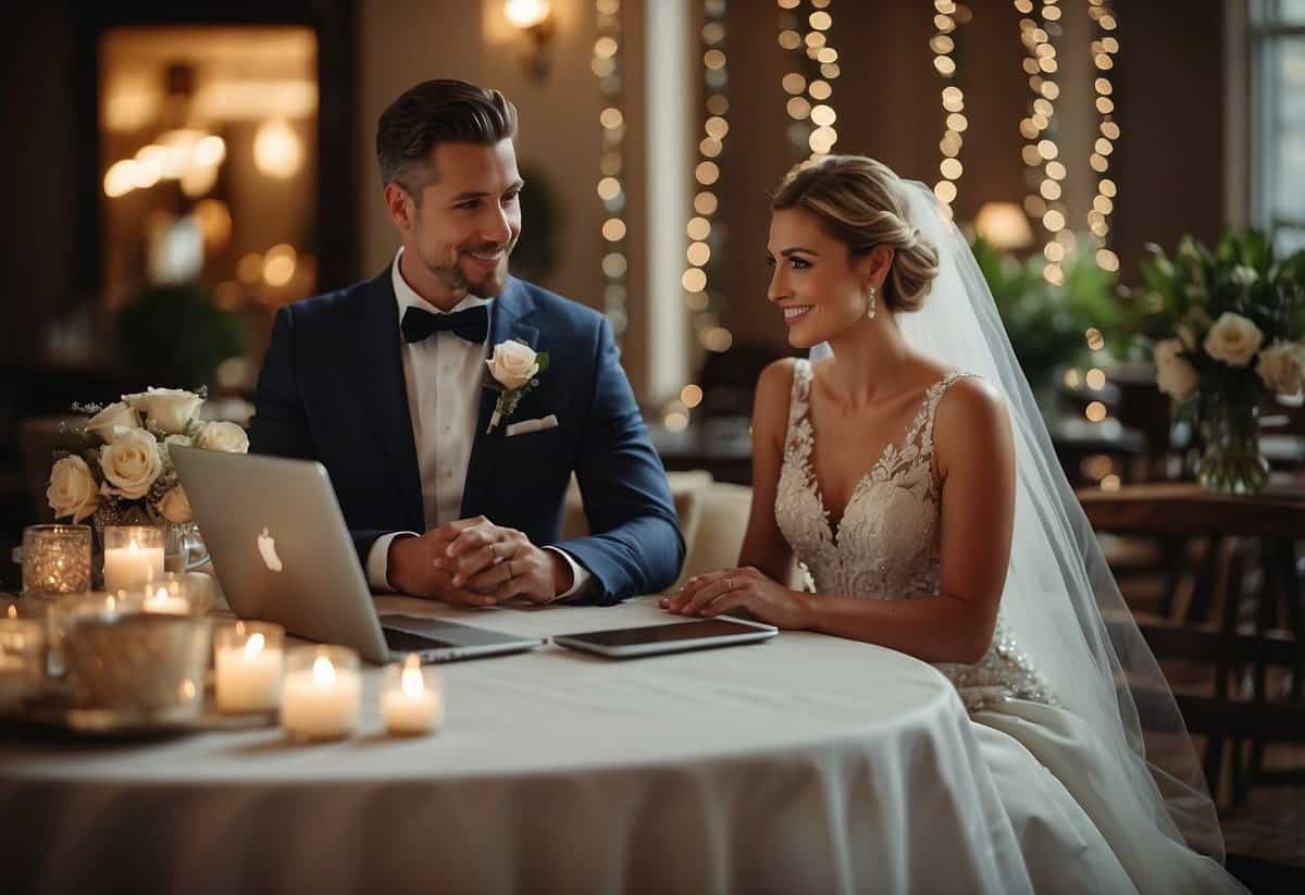 A bride and groom sit at a table, surrounded by wedding planning books and a laptop. They are discussing and brainstorming ideas for personalizing their ceremony