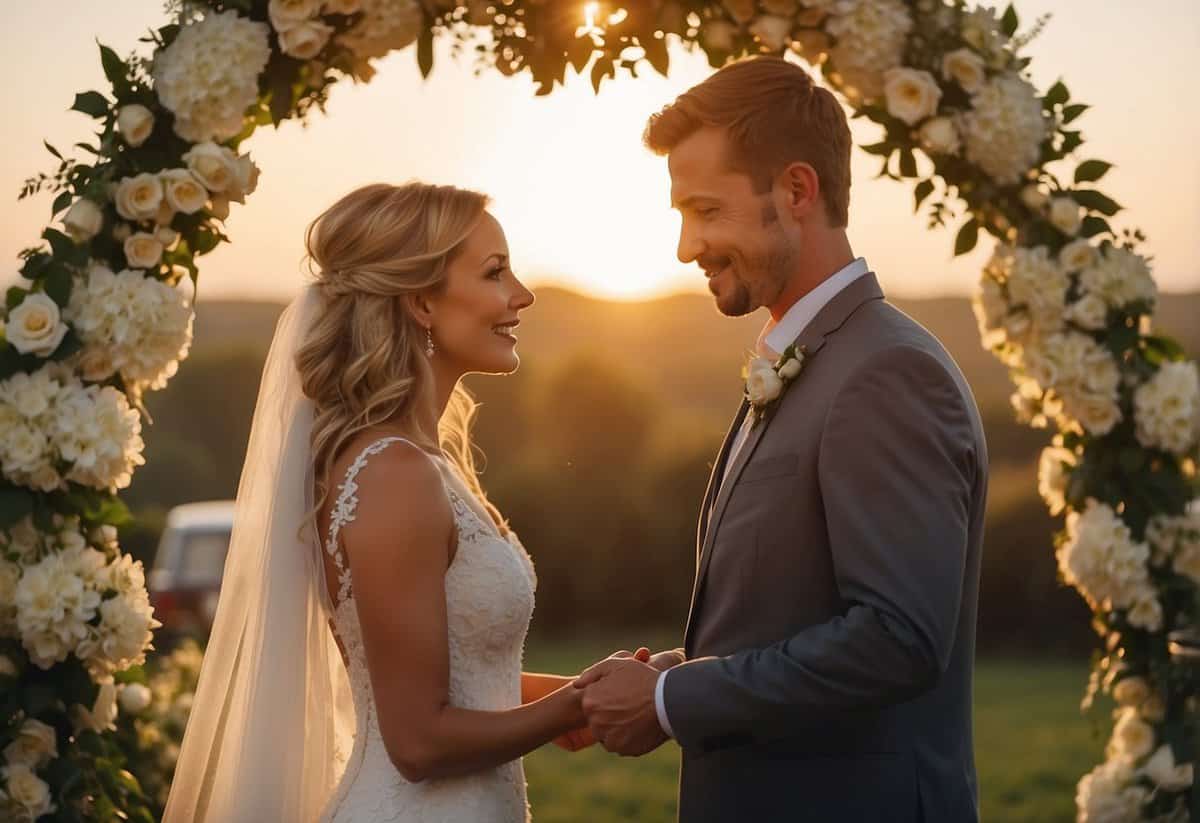 A bride and groom exchanging vows under a floral arch, surrounded by family and friends. The sun is setting, casting a warm glow over the scene