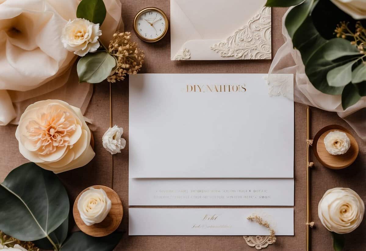 A table with various wedding invitation materials laid out, including paper, envelopes, and decorative elements. A sign with "DIY Invitations Carefully" and a list of wedding do's and don'ts tips displayed