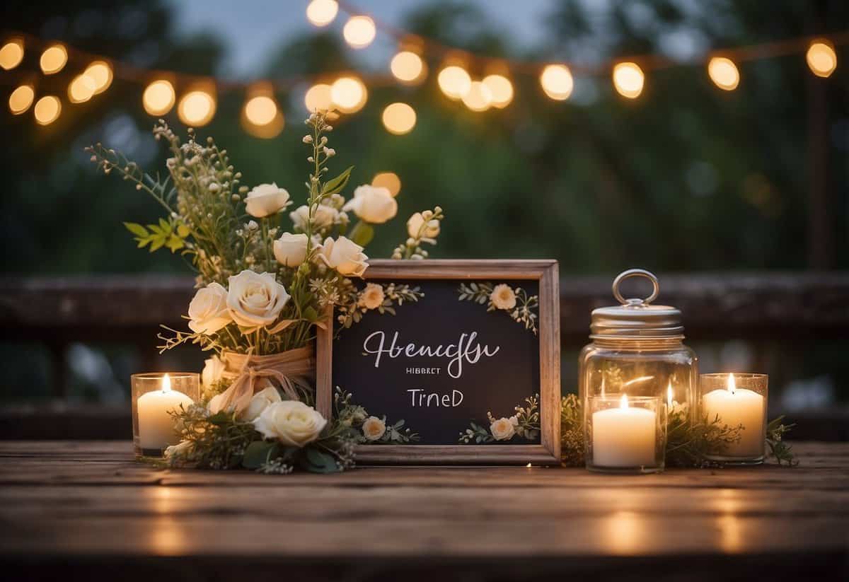 A beautifully decorated wedding hashtag sign displayed on a rustic wooden table with elegant floral arrangements and twinkling fairy lights in the background