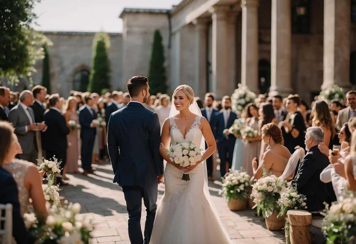 A bustling wedding venue with a coordinator managing logistics and guiding vendors, while couples follow or disregard helpful tips