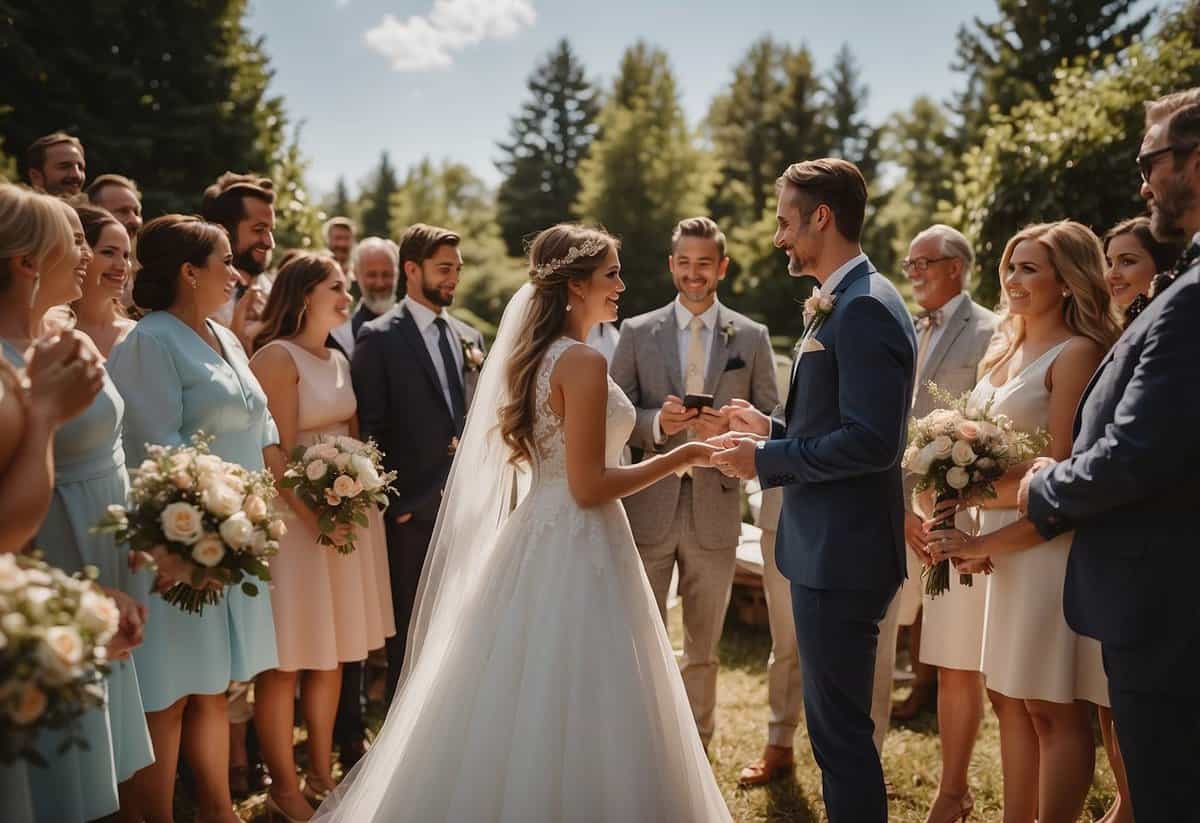 A bride and groom exchanging vows under a sunny sky, surrounded by family and friends. A checklist of wedding do's and don'ts in the background