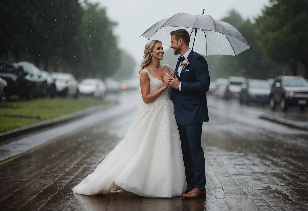 A bride and groom stand under a clear umbrella, surrounded by scattered raindrops. The sky is overcast, but the couple is smiling as they exchange vows