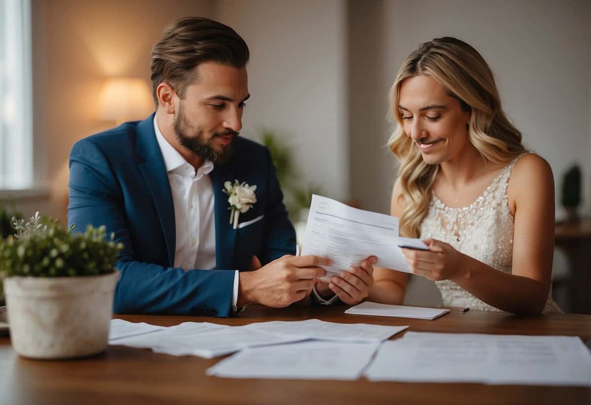 A couple sitting at a table, surrounded by wedding planning books and budget spreadsheets. The bride is holding a pen and looking stressed, while the groom is pointing to a "do's and don'ts" list