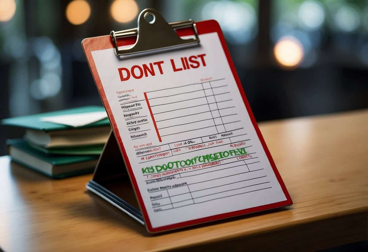 A clipboard with a guest list, pen, and checkmark. A red X marked next to "don'ts" and a green checkmark next to "do's."