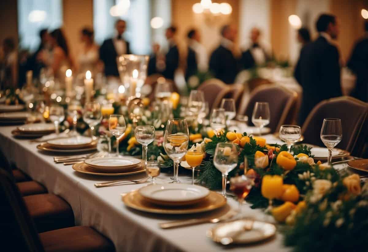 A lavish banquet table with high-quality dishes and elegant table settings. Richly colored and beautifully presented food items, surrounded by happy wedding guests