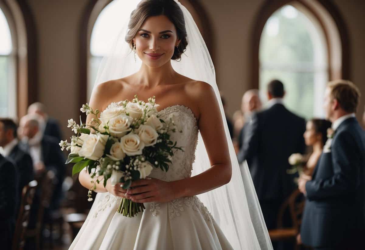 A bride in a white gown and veil, holding a bouquet. Guests in formal attire, following dress code. No casual or revealing outfits