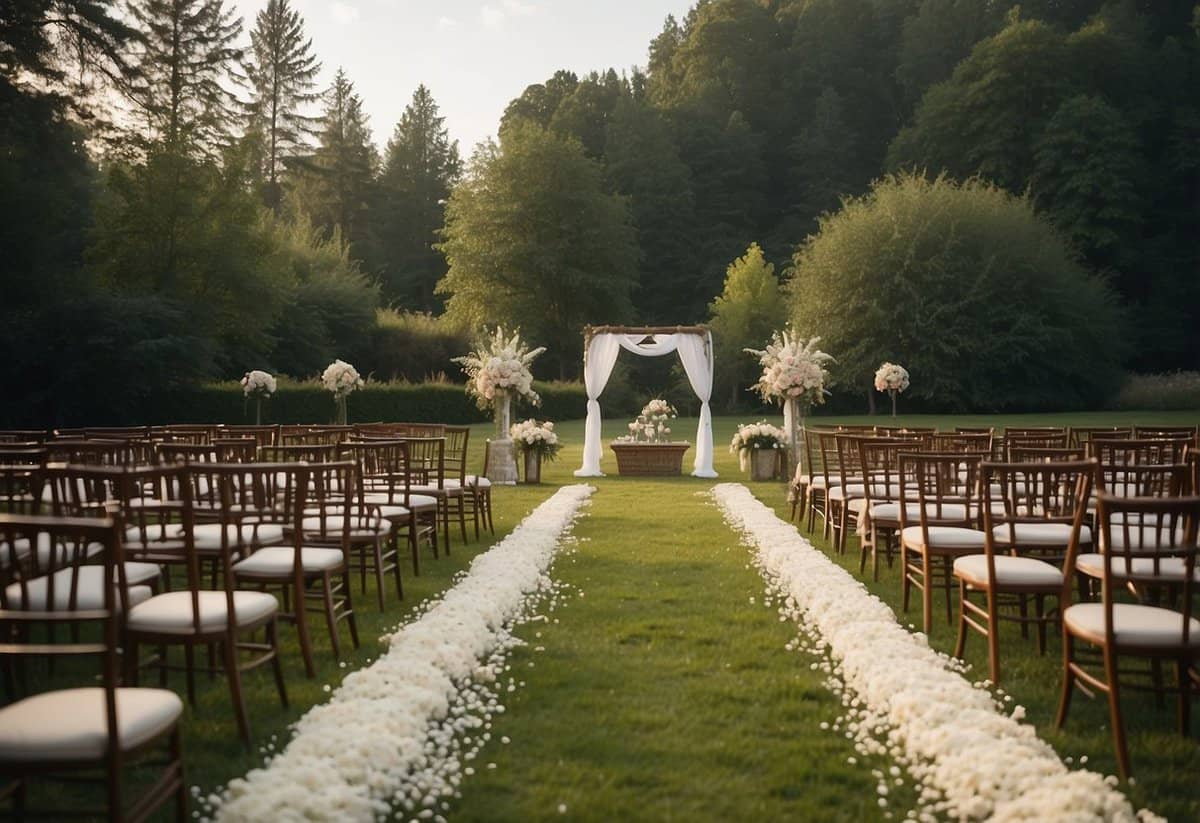 A serene outdoor wedding venue with ample space and natural lighting. Avoid clutter and ensure easy access for guests and vendors