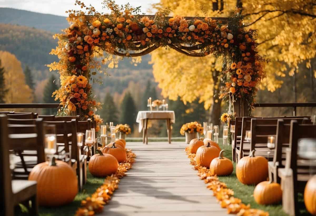 A rustic outdoor wedding with colorful autumn leaves, pumpkins, and candles lining the aisle. A wooden arch adorned with flowers stands at the end of the aisle, with a backdrop of golden trees