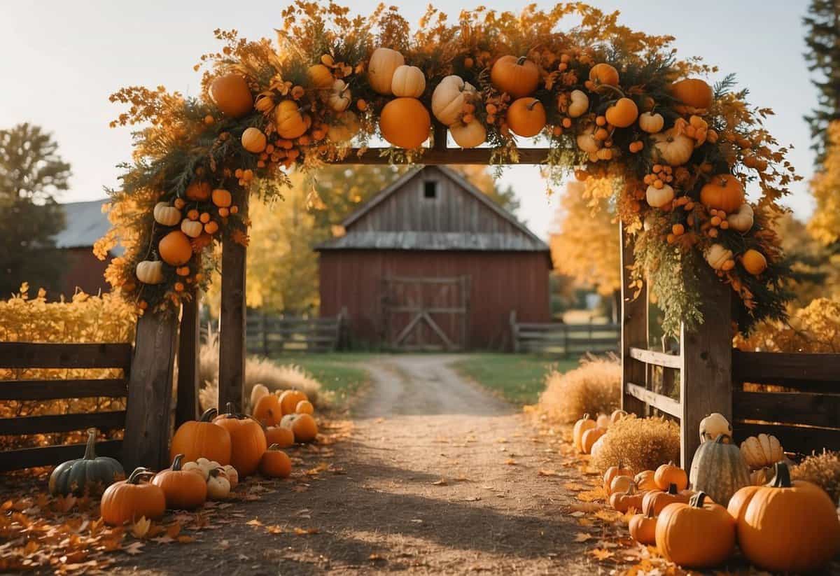 A quaint barn nestled among golden foliage, with a rustic wooden arch adorned with autumn blooms. A scattering of pumpkins and lanterns add a warm, cozy touch to the scene