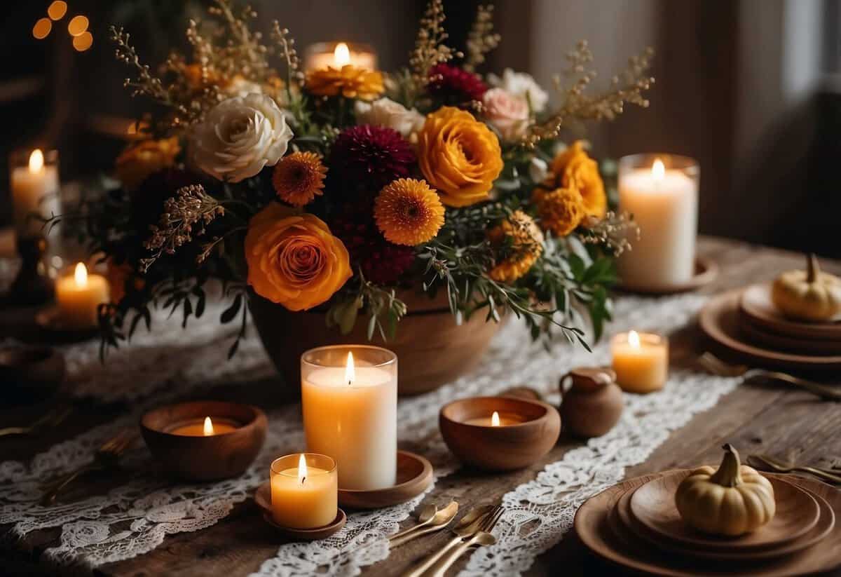 A rustic wooden table adorned with seasonal blooms in rich autumnal hues, surrounded by flickering candles and delicate lace accents