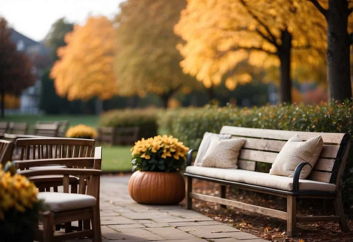 Cozy blankets draped over chairs and benches, creating a warm and inviting atmosphere for a fall wedding