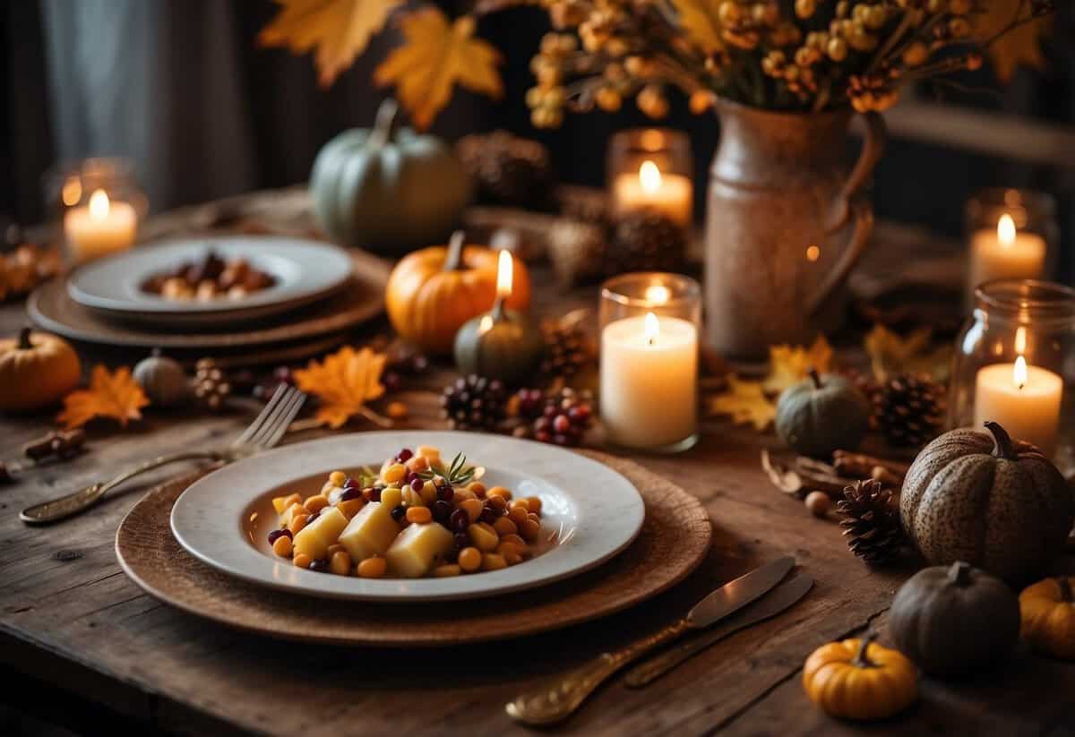 A rustic table set with seasonal dishes, surrounded by autumn foliage and warm candlelight