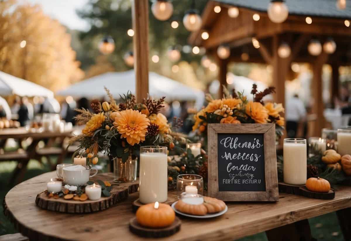 Guests receive warm drinks at a cozy fall wedding. Tables are adorned with seasonal decor. A rustic sign offers tips for enjoying the festivities