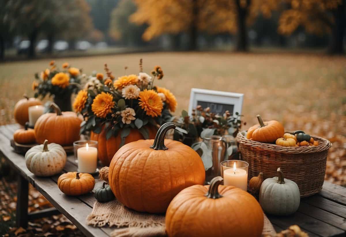 A rustic outdoor wedding setting with colorful leaves, pumpkins, and cozy blankets. A warm color palette and autumn-inspired decor create a cozy and romantic atmosphere