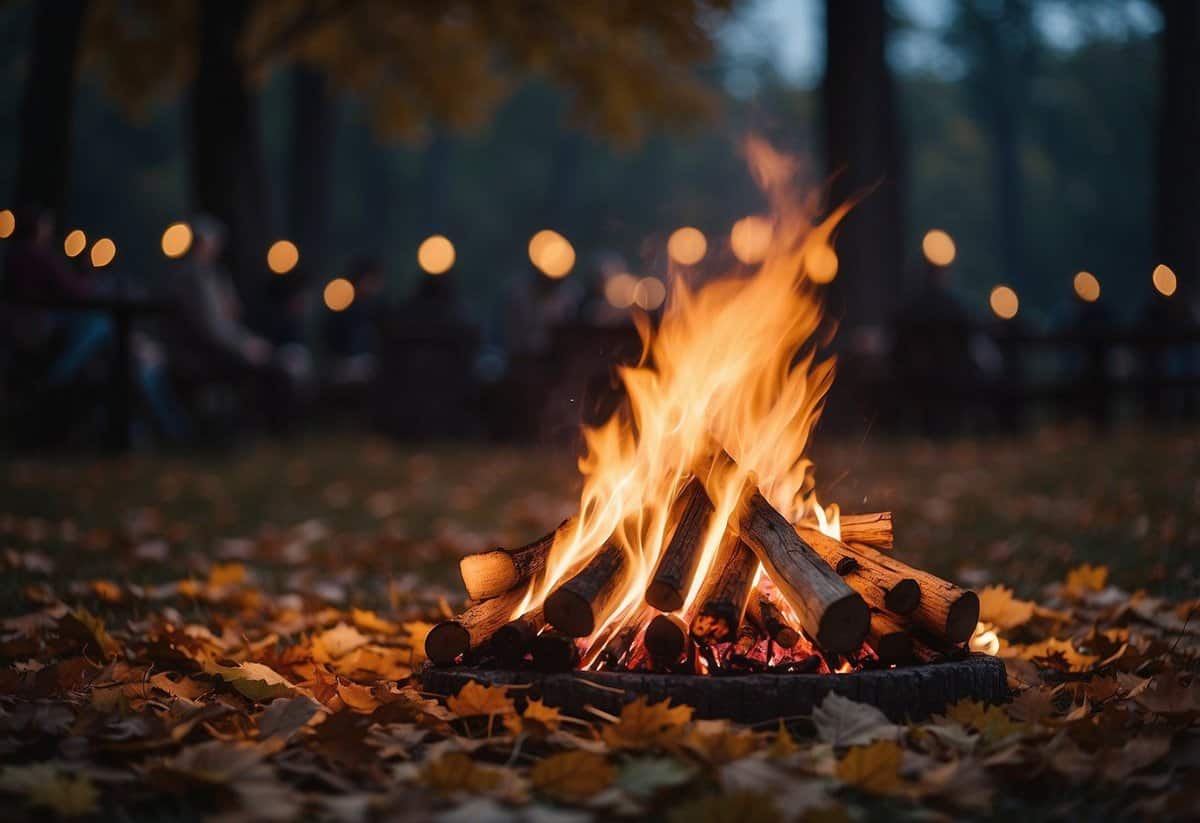A cozy bonfire glows at a fall wedding, surrounded by twinkling lights and autumn foliage