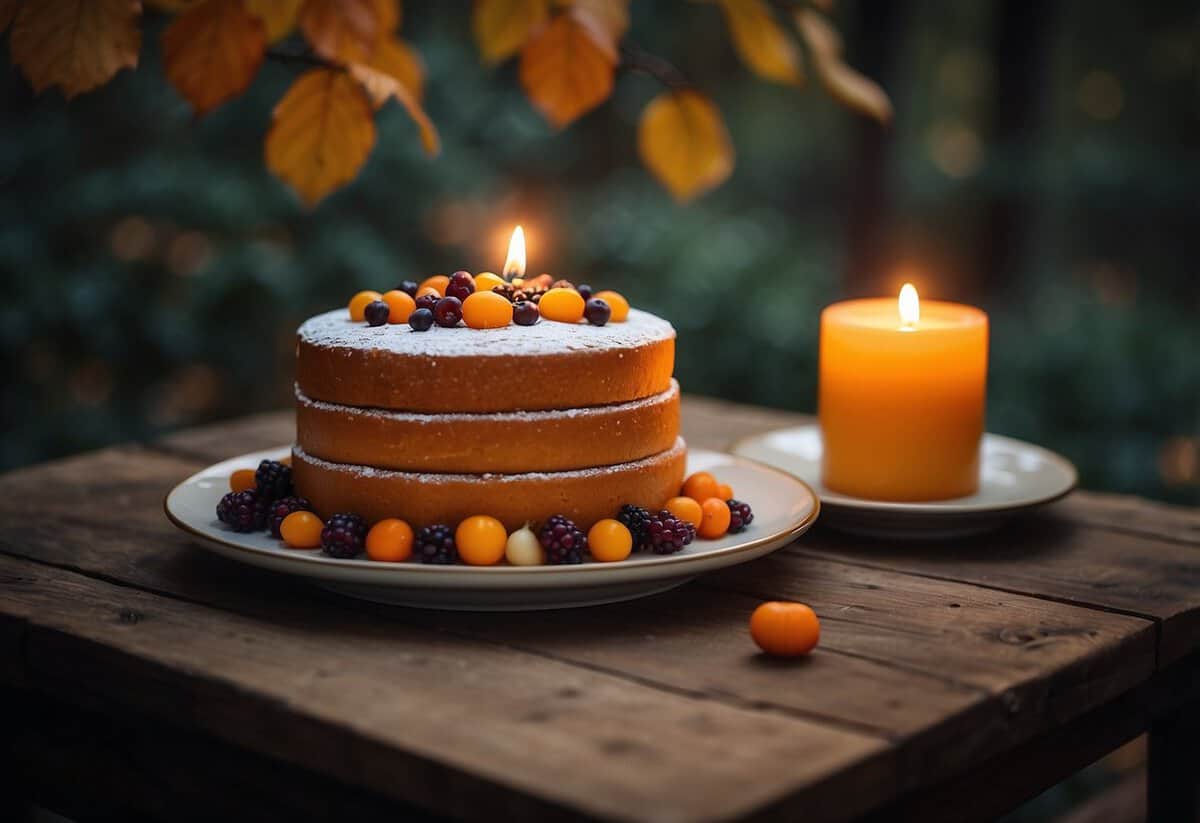 A rustic wooden table adorned with a richly colored seasonal cake flavor, surrounded by autumn foliage and glowing candlelight