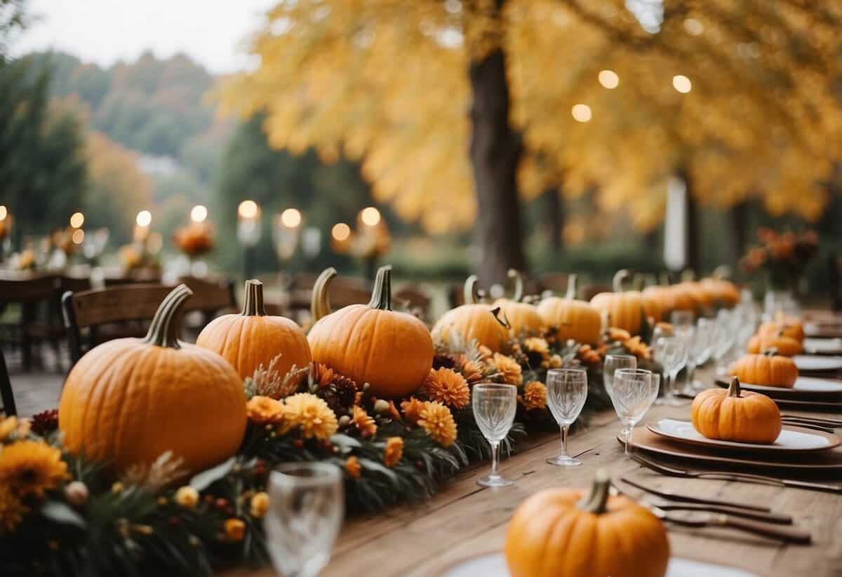 A rustic outdoor wedding with pumpkin accents, surrounded by colorful fall foliage. Tables adorned with pumpkins and autumn flowers, creating a cozy and festive atmosphere