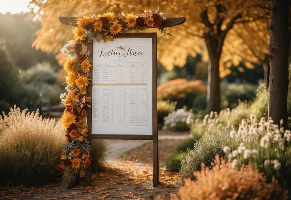 A sunlit garden with autumn leaves and blooming flowers, a rustic wooden arch adorned with fall foliage, and a vintage-inspired schedule board with elegant calligraphy detailing wedding tips